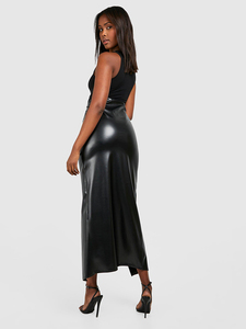 <span class=keywords><strong>Jupe</strong></span> plissée élégante en similicuir mat pour femme, taille haute vintage, extensible, en PU, longueur midi, avec fente haute, pour soirée et clubwear - Product Image 4