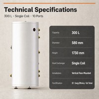 Réservoir d'eau chaude à serpentin unique en acier inoxydable 304 de 300 L, isolation de 50 mm d'épaisseur, économe en énergie pour systèmes de pompe à chaleur domestiques et hôteliers