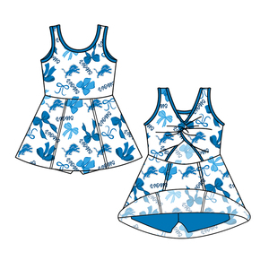 Completo coordinato personalizzato per fratelli e sorelle: Top senza maniche <span class=keywords><strong>blu</strong></span> con fiocco e gonna, vestito al ginocchio, <span class=keywords><strong>pantaloncini</strong></span> da yoga, abbigliamento sportivo carino - Product Image 2