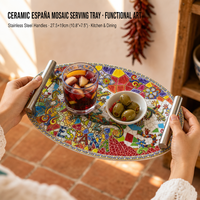 Nampan Sajian Keramik Oval 3D Embossed 27.5x19cm Grosir, Motif Gecko Spanyol, Alas Gabus, Gagang Stainless Steel, OEM