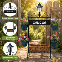Panneau de bienvenue lumineux solaire avec support pour plantes et quatre pots de fleurs, panier carré en coco, en fer thermolaqué, pour la décoration d'entrée de jardin
