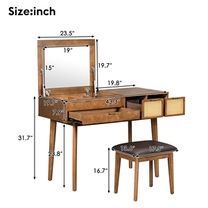 Classic Wood <b>Makeup</b> Vanity Set 43.3 In With Flip Top Mirror And Stool Dressing <b>Table</b> Three Drawers Storage Brown - Product Image 6