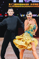 Robe de danse latine Vennystyle Jaune avec strass et sequins Design jupe évasée large Une pièce Costume de performance pour examen d'art