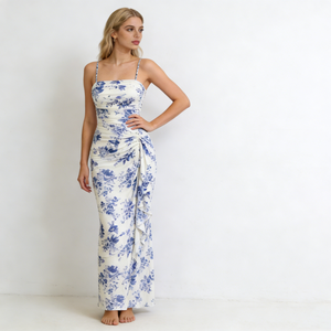 Abiti da Donna Bianchi e <span class=keywords><strong>Blu</strong></span> <span class=keywords><strong>con</strong></span> Stampa Floreale, Spalline Sottili, Arricciature, Volant, <span class=keywords><strong>Spacco</strong></span> Alto, Aderenti, Eleganti e Casual - Product Image 2