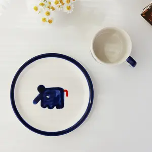 童趣手绘陶瓷早餐盘可爱卡通蓝象甜点牛排盘
