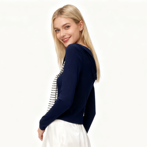 Chemise élégante de style marin <span class=keywords><strong>bleu</strong></span> <span class=keywords><strong>marine</strong></span> pour femmes - Manches longues - Col châle à rayures contrastées - Double usage - Bureau - Rendez-vous - Product Image 6