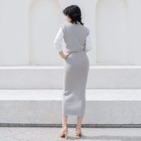 Ensemble de tenues pour femmes personnalisées en 2 pièces, tricot sans manches, col en V, veste ample, jupe midi moulante, robes en tricot
