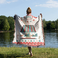 Plaid Jacquard en Polyester et Coton, Imprimé Carrousel de Noël Vintage, Housse de Canapé à Pompons pour Maison et Hôtel, Personnalisable