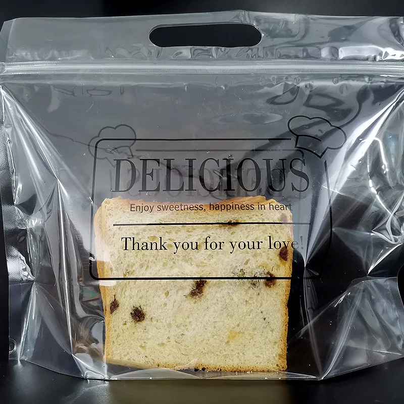 Saco transparente de embalagem de alimentos, saco quadrado de plástico transparente personalizado para empacotamento do pão com zíper lateral