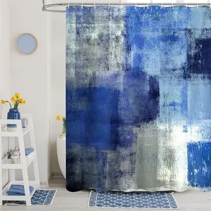 Cortina de chuveiro azul escuro, tecido geométrico abstrato, pincel de pintura, graffiti, cortina de chuveiro moderna para decoração de banheiro