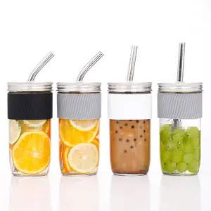Custom vintage Cups with Bamboo MetalLids and Straws 16oz 24oz Beer Cans Wide Mouth Drinking Mason Jar Boba Cup Glass Tumbler