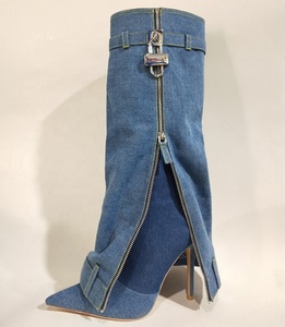 Denim Metallic Lock Shark <b>Boots</b> Cowgirls Zipper Thin Heels Knee High Booties Women Pointed Toe Runway Party Shoes for Lady - Product Image 6