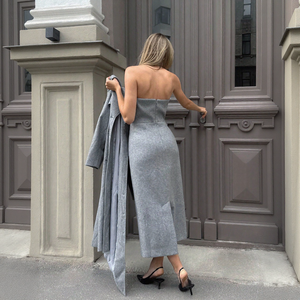 Abito Midi Elegante da Donna in Misto Lana <span class=keywords><strong>Grigio</strong></span> di Alta Qualità, <span class=keywords><strong>Vestito</strong></span> <span class=keywords><strong>Aderente</strong></span> con Scollo all'Americana in Lana Naturale, Formale e Casual, OEM ODM - Product Image 2