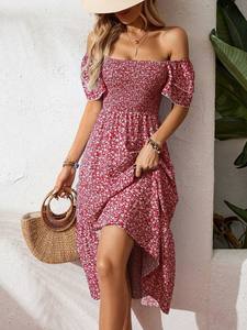 Robes décontractées mi-longues pour femmes, nouvelle collection printemps-été, couleur unie, imprimé floral, col <span class=keywords><strong>carré</strong></span>, manches courtes bouffantes, avec ourlet à volants - Product Image 3