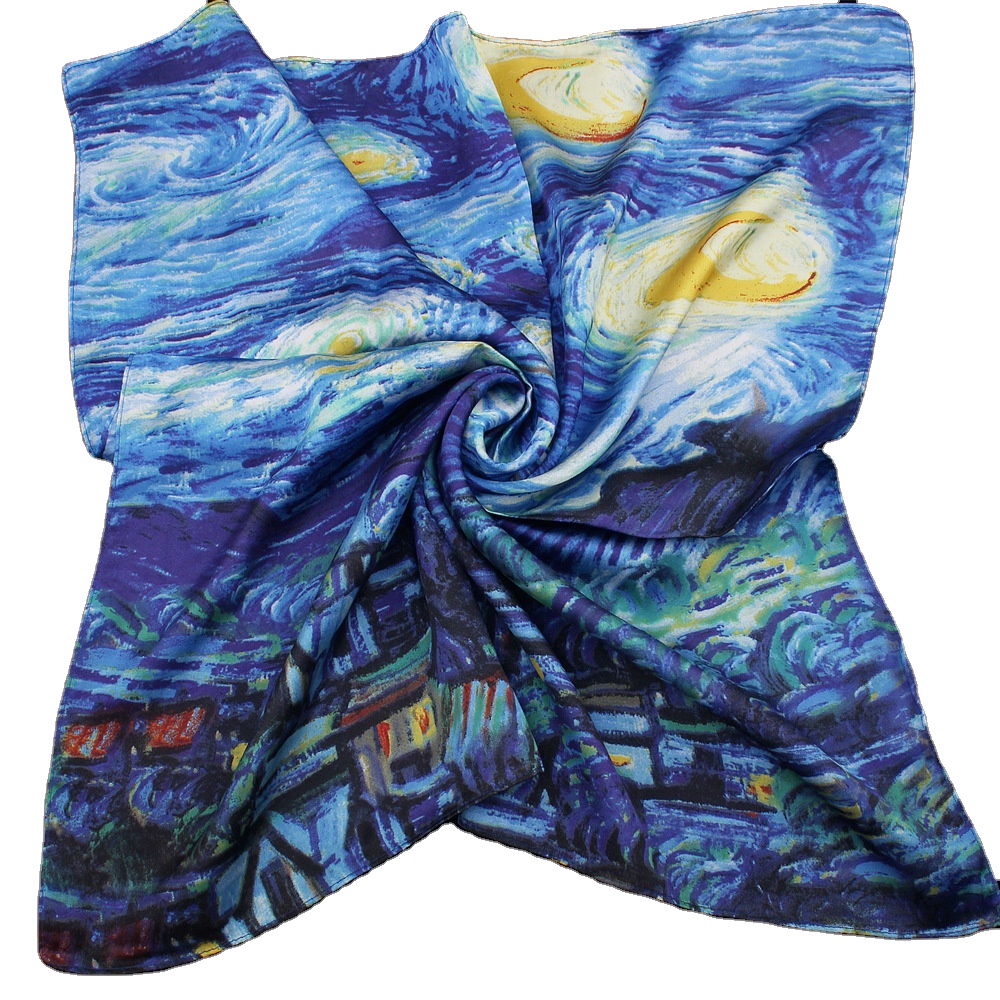 Высокое качество в стиле звездной ночи Ван Гог 55x55 см квадратный 100% полиэстерых атласных шелковый шарф шейный платок оптовая продажа