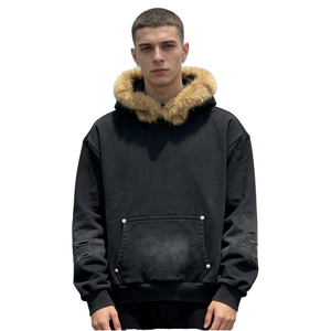 Sweat-shirt à capuche surdimensionné pour homme avec col en fausse fourrure, noir, en coton French Terry, vêtements d'hiver, 100% coton - Product Image 1