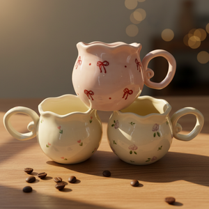 Mug en céramique style coréen, capacité 330 ml, design plissé fait main, mug en porcelaine pour le thé de l'après-midi, cadeaux, compatible lave-vaisselle - Product Image 4
