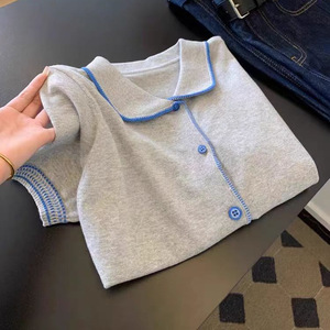 Cárdigan Gris de Punto para Mujer, Manga Corta, Cuello Camisero, Patrón de Rayas de Algodón, Cierre de Botón, Estilo Veraniego - Product Image 4