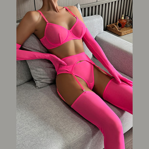 Lot de 5 pièces de lingerie transparente en maille, ensemble personnalisé <span class=keywords><strong>rose</strong></span> <span class=keywords><strong>fluo</strong></span> avec soutien-gorge, <span class=keywords><strong>porte</strong></span>-jarretelles, gants et bas, ensemble de lingerie intime OEM pour femme - Product Image 5