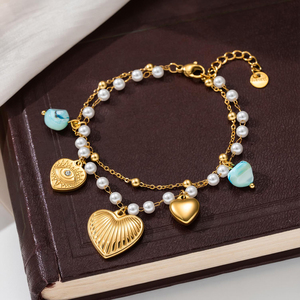 18K PVD Gold Plated Pearl Aqua Stone Tarnish Free Jewelry Gift <b>Boho</b> Double Layer Stainless Steel Heart Devil Eye Charm <b>Bracelet</b> - Product Image 3