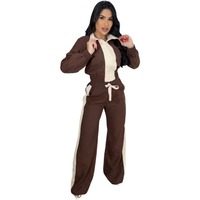 Ensemble de survêtement deux pièces pour femme KY, veste courte zippée et pantalon large, marron, style Y2K, streetwear, veste coach coupe-vent