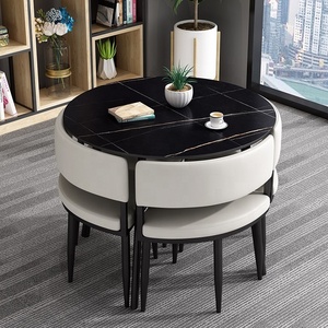 GEDO Light Luxury Customized PU <strong>Leather</strong> <strong>Chair</strong> <strong>Dining</strong> Room <strong>Sets</strong> Round Rock Plate <strong>Dining</strong> Table with <strong>4</strong> <strong>Chairs</strong> <strong>Set</strong> - Product Image 3