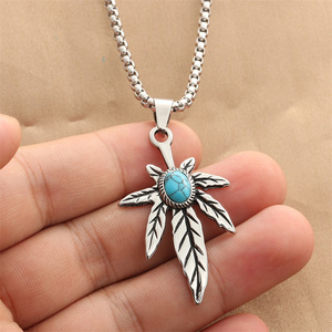 Collier avec pendentif en forme de feuille d'érable turquoise en acier inoxydable, style punk rétro pour hommes, 280611 - Product Image 4