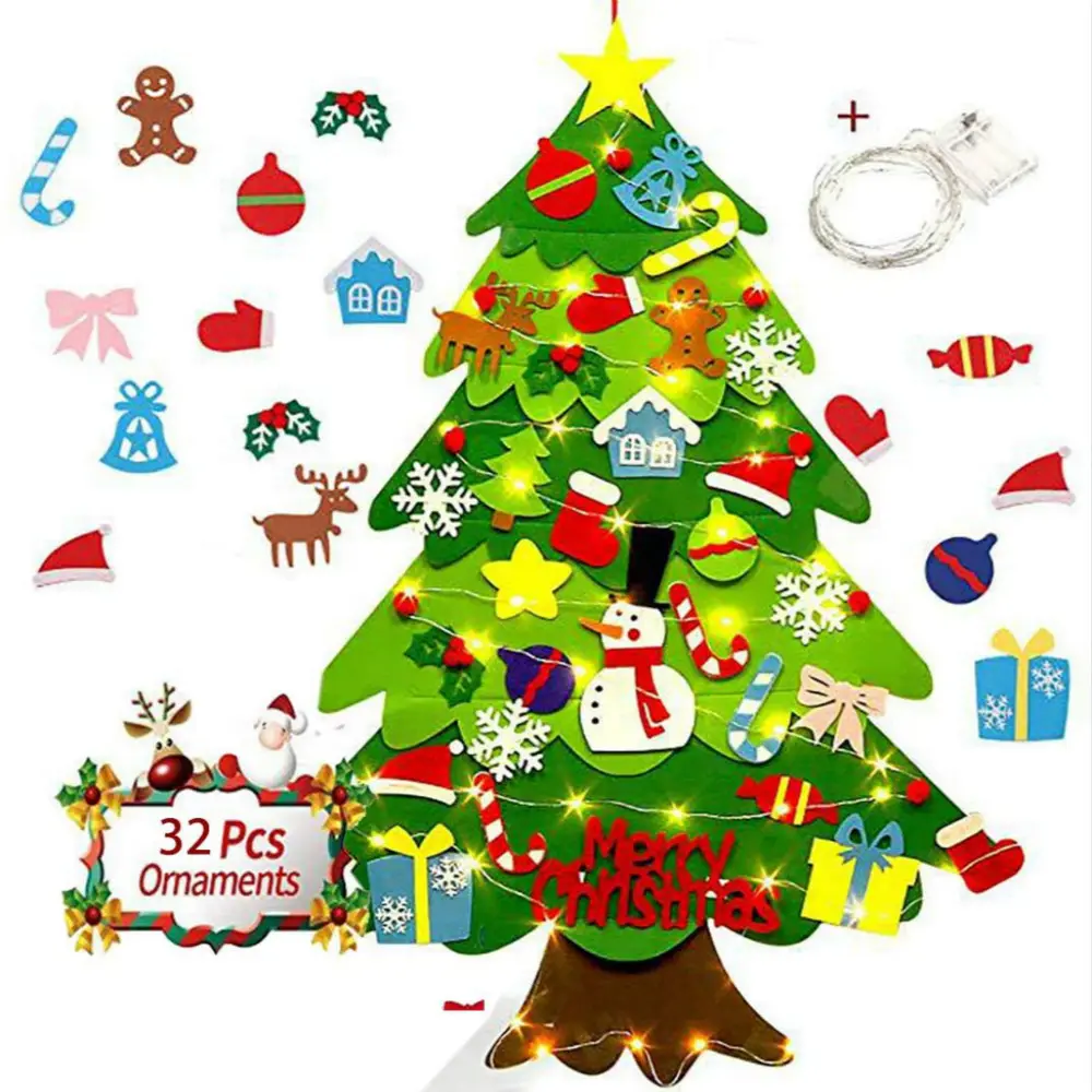 3D DIY Felt Christmas Tree Set with 32 Hanging Creative Decorations for Toddlers Kids Children Christmas Home Decorations