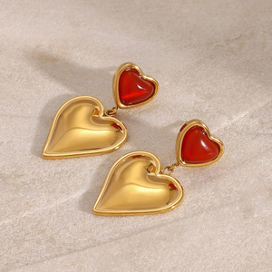 Heart Shape <b>Red</b> Agate Drop <b>Earrings</b> Gold Plated Bezel Setting Gift Jewelry - Product Image 4