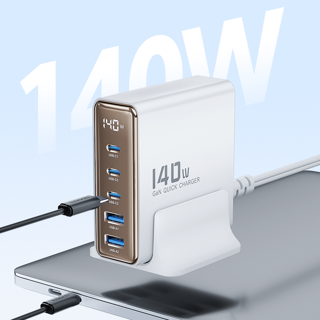 Toocki Durable 140W GaN Charger 3USB-C 100W/20W & 2USB-A Reduced Energy Loss & Safe Charging for Long-Term Use