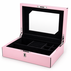 Scatola Regalo per Gioielli in Legno Laccato Rosa di Lusso Personalizzata con Specchio Incorporato e Rivestimento in Velluto per Anelli e Collane - Product Image 1