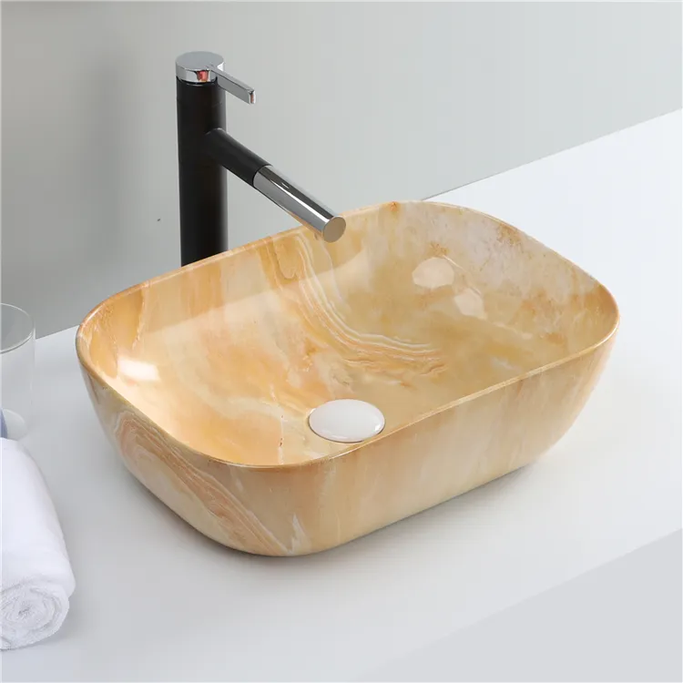 Modern Art Simple Ceramic Washing Vessel Yellow Marble Countertop Wash Basin With Smooth Surface For Home Bathroom