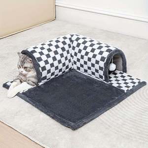 Classic Style 2-in-1 Cat <b>House</b> Condo Soft Cozy Fiber Comfortable Cat Tunnel <b>Bed</b> Play Sleep All-Season Linen Breathable Pet <b>Beds</b> - Product Image 1