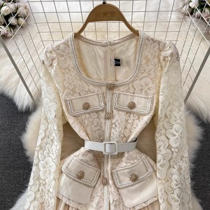 Primavera otoño nombre coreano señora encaje paneles A-Line Maxi falda <span class=keywords><strong>Dr</strong></span> Long Sve cuello cuadrado fruncido cintura - Product Image 4