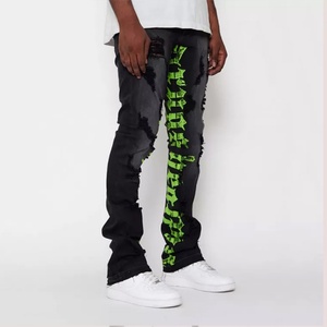 Jeans Casuales Azules para Hombre, Personalizados con Letras Impresas, Corte Ajustado, Pantalones de Mezclilla Negros Desgastados - Product Image 6