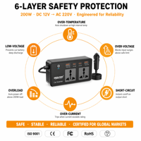 Cargador Universal para Automóvil, Inversor de Corriente de Onda Sinusoidal Modificada de 200W, Monofásico, 12V a 220V, para Portátiles, Cámaras y Móviles