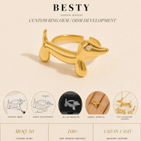 Bague ouverte Teckel en acier inoxydable plaqué or PVD 18K, étanche, hypoallergénique, pour femme, idéale pour mariage et fête, vente en gros, design personnalisé