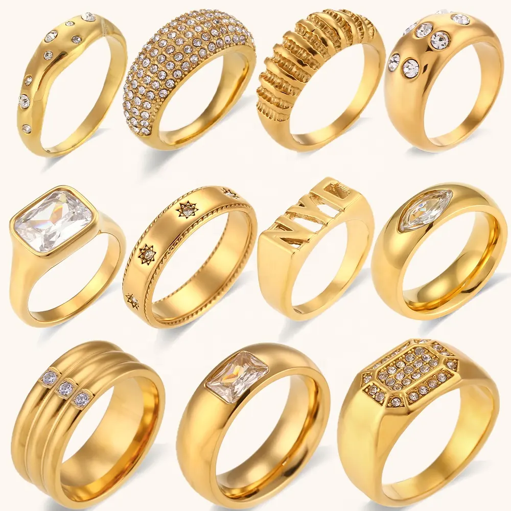 Ding Ran 18k Gold Plated Stainless Steel Luxury Zircon Rings Waterproof Tarnish Free Ring Set For Women And Men
