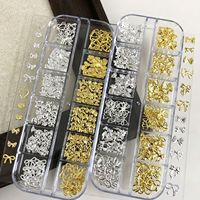 12 compartiments/boîte – Bijoux d'ongles en métal doré et argenté, diamants, multiples styles : nœuds, fleurs, cœurs, mini accessoires en alliage pour ongles