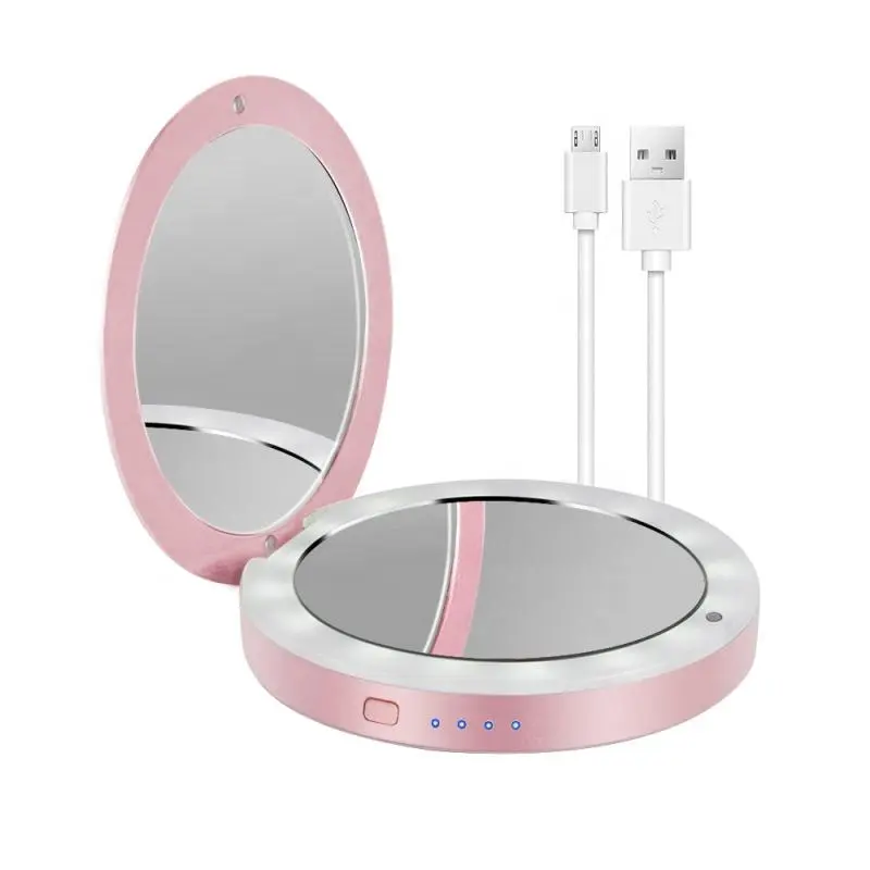 Beste Promotie Cadeau Aangepaste Logo Usb Oplaadbare Draagbare Led Make Up Spiegel Power Bank