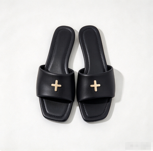 Sandalias planas de estilo coreano para mujer, con punta cuadrada y decoración metálica cruzada, sandalias de lona con estampado floral para verano, sin cordones. - Product Image 3