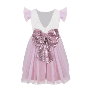 Çocuklar Beyaz ve Pembe Payet Yay Tül Parti Elbise Prenses Tatlı Resmi Elbise - Product Image 3