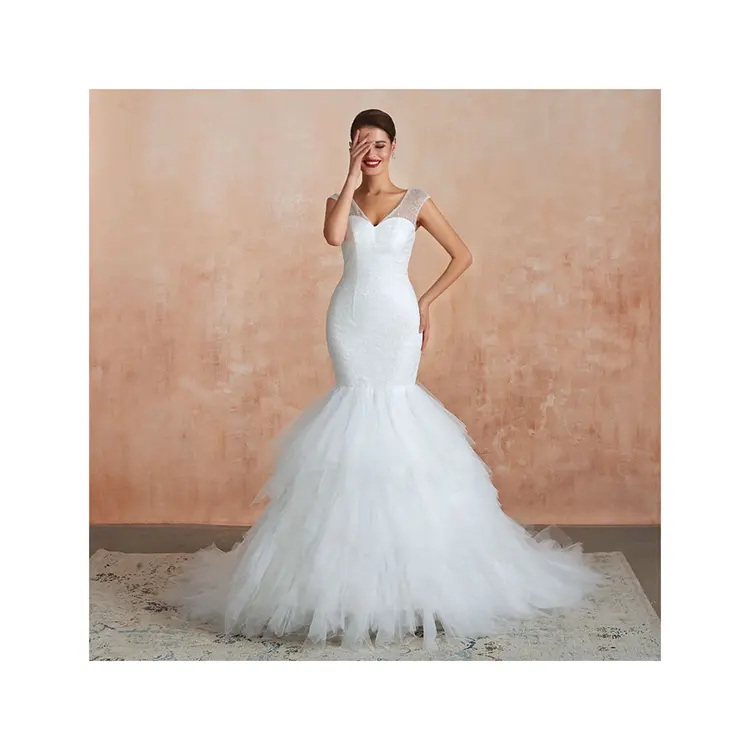 Hot Selling Beaded Sequins V Neck Tulle Ruffles Plus Size Mermaid Wedding Dresses Real Photo Top Quality Bridal Gowns