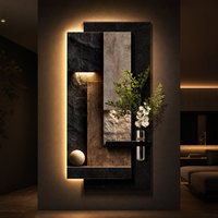 Art mural géométrique 3D moderne de luxe avec éclairage LED d'ambiance, décoration murale en relief Wabi Sabi avec vase à plantes pour hall d'entrée, couloir, maison