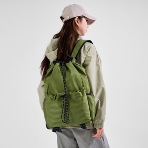 <b>Drawstring</b> <b>Backpack</b> Green Grid Pattern Women's Casual Everyday Use Spring 2026 UV Protection - Product Image 1