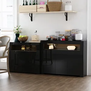 Armario de Buffet de cocina, mesa de servidor de almacenamiento con 2 puertas y estante abierto, lateral LED de alto brillo