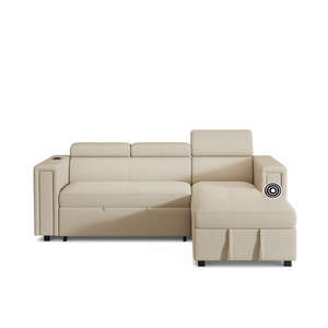 Canapé-lit sectionnel en forme de L multifonctionnel beige-lin de 96 pouces avec fonction de sortie lit, chargeur sans fil, porte-gobelets, appui-tête réglable, rangement dissimulé - Product Image 1