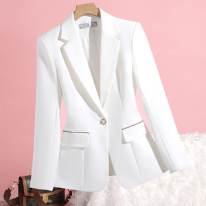 White Fitted Blazer For Women With Padded Shoulders Waist Cinching Professional Versatile Spring Autumn Wear - Product Image 1
