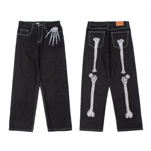Jean en denim streetwear personnalisé à imprimé squelette pour hommes et femmes, coupe droite, délavé moyen, tricoté, automne, pantalon décontracté et tendance - Product Image 1