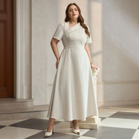 Robe midi élégante personnalisée grande taille à col en V et manches courtes pour femme, idéale pour les fêtes ou le quotidien, en tissu uni tissé, coupe moulante, service OEM